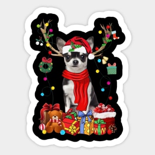 Black Chihuahua Reindeer Santa Christmas Color Lights Sticker